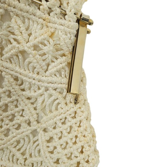Vintage Crochet Handbag AS-IS READ Rope Handle Boho Purse Clasp Closure Cream - Picture 5 of 11